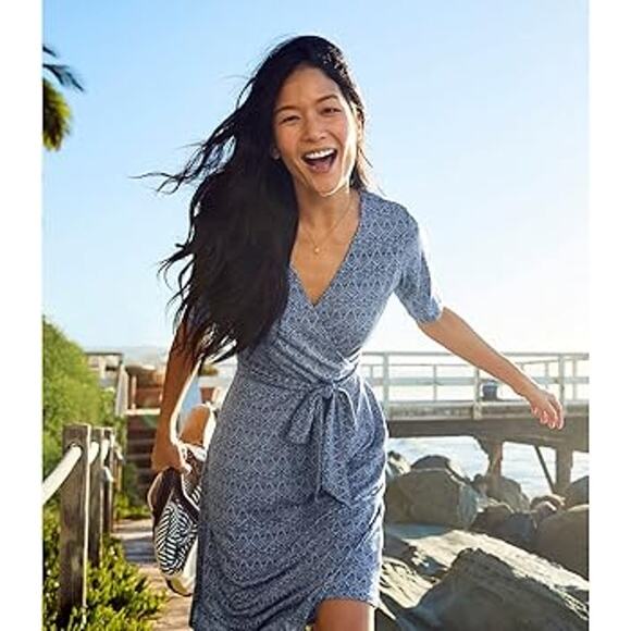 NWT LL Bean Cotton Tencel Slub Dress Elbow Sleeve Navy Blue Medium *No Belt* - Picture 3 of 9